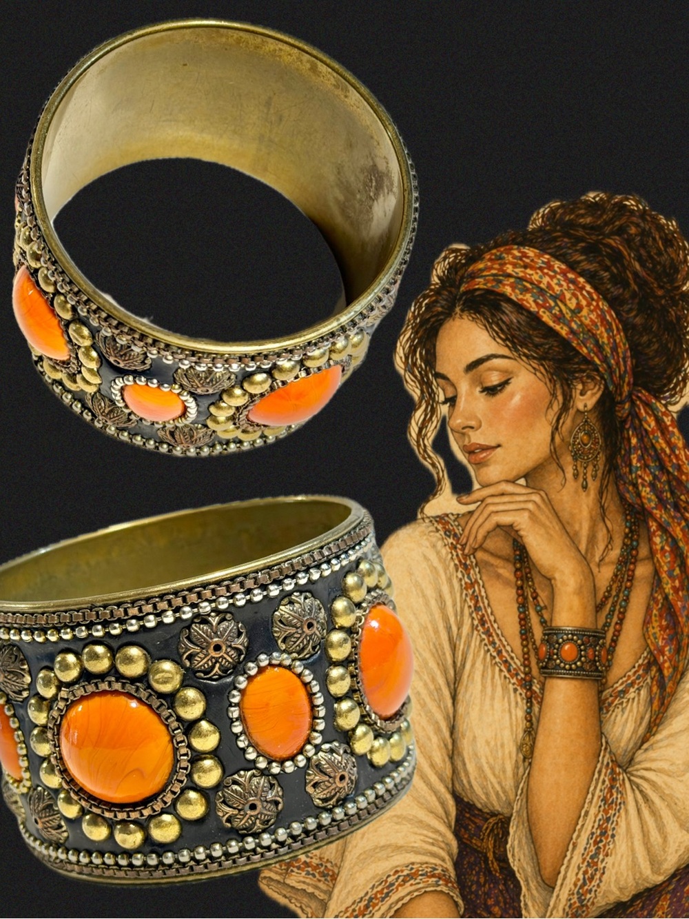 VINTAGE bohemianโ chunky wide bangle bracelet orange bead silver brass 70s gypsy